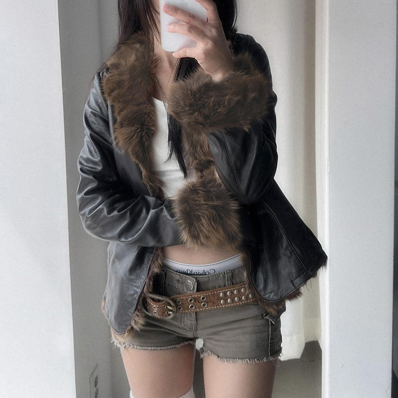 American Street Loose Fur Collar Leather Coat