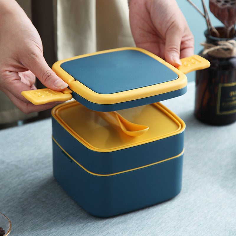 Portable Double-Layer Square Bento Box With Tableware