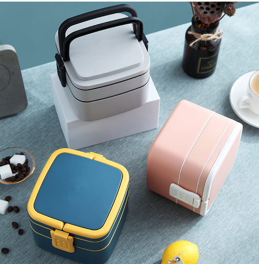 Portable Double-Layer Square Bento Box With Tableware