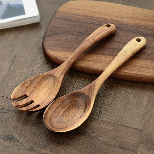 Japanese Acacia Wood Cooking Spoon And Fork Set