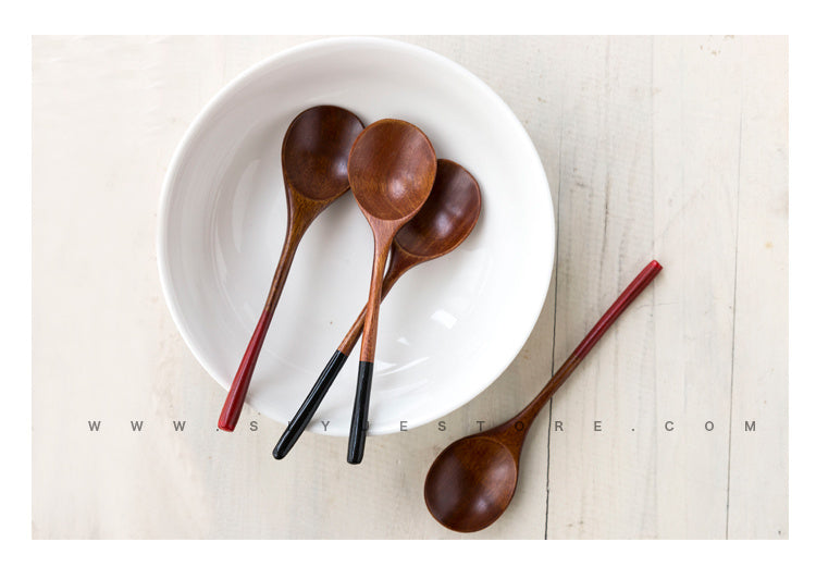 Japanese Style Natural Log Spoon Round Lipstick Black Squirrel Spoon Couple Spoon