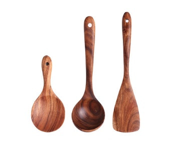 1-7Pcs   Set Natural Wood Teak Tableware Spoon Colander Special Spoon Nano Soup Skimmer Wooden Cooking Spoon Kitchen Tool Kit