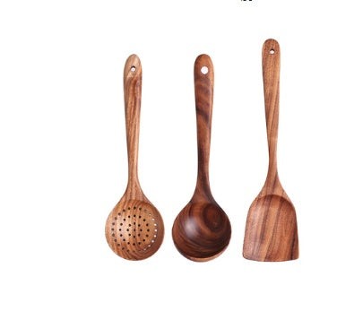 1-7Pcs   Set Natural Wood Teak Tableware Spoon Colander Special Spoon Nano Soup Skimmer Wooden Cooking Spoon Kitchen Tool Kit