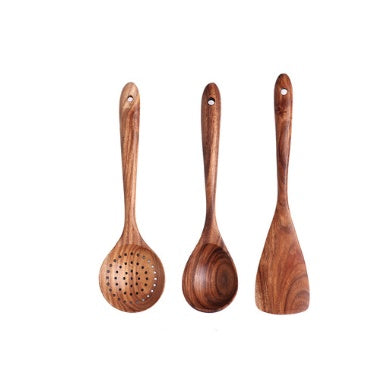 1-7Pcs   Set Natural Wood Teak Tableware Spoon Colander Special Spoon Nano Soup Skimmer Wooden Cooking Spoon Kitchen Tool Kit