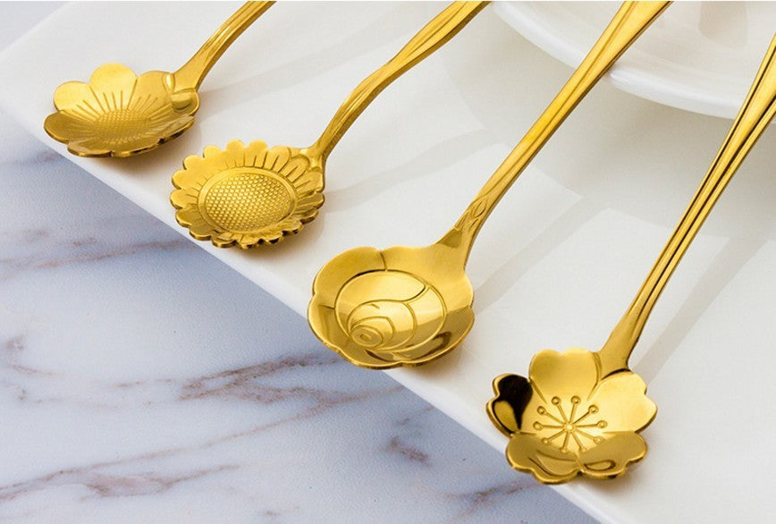 Stainless Steel Spoon Creative Coffee Spoon Leaf Spoon Rose Golden Cherry Blossom Spoon Wedding Gift Fruit Fork