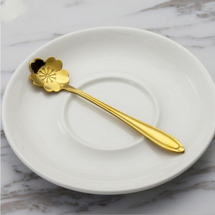 Stainless Steel Spoon Creative Coffee Spoon Leaf Spoon Rose Golden Cherry Blossom Spoon Wedding Gift Fruit Fork