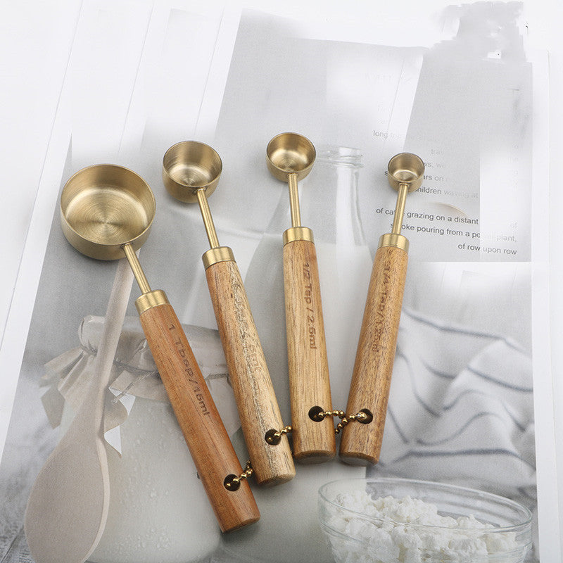 Jiusuo Copper Color Wooden Handle Measuring Spoon Measuring Spoon Four-piece Set of Stainless Steel Measuring Cup Measuring Spoon Measuring Spoon Special for Baking