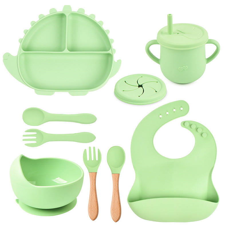 8-piece Children's Silicone Tableware Set Dinosaur Silicone Plate Bib Spoon Fork Cup Baby Silicone Plate