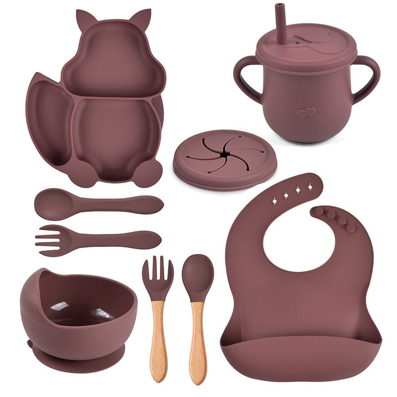 Silicone Squirrel Tableware Baby Silicone Food Supplement Set Baby Spork Integrated Silicone Plate Suit