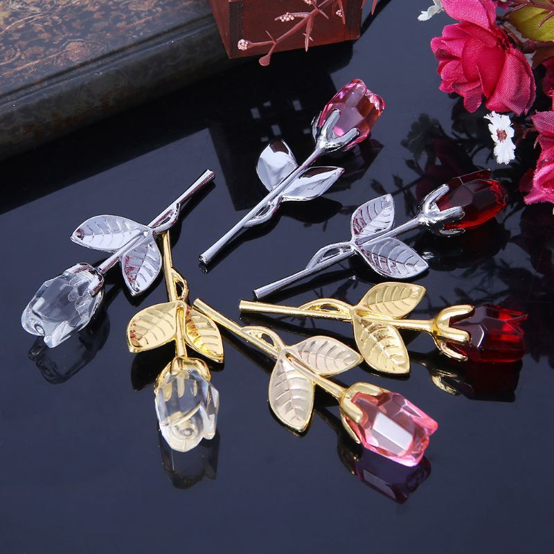 Artificial Crystal Rose With Metal Rod Flower Branch Decoration Pendant Valentine's Day Gift Flower For Wedding