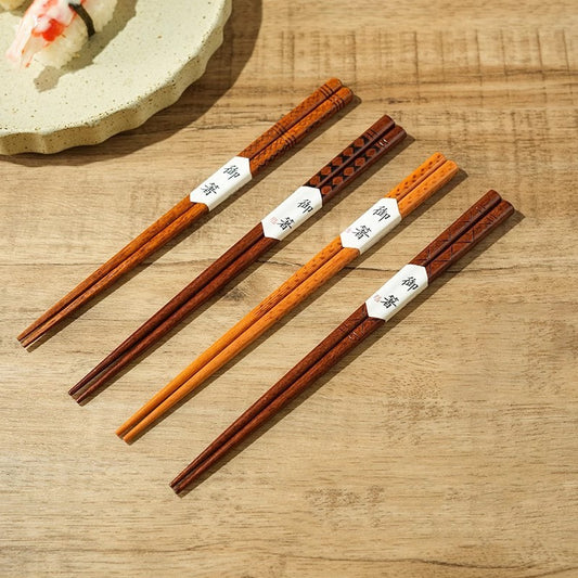 Home Non-slip Retro Pattern Solid Wood Chopsticks