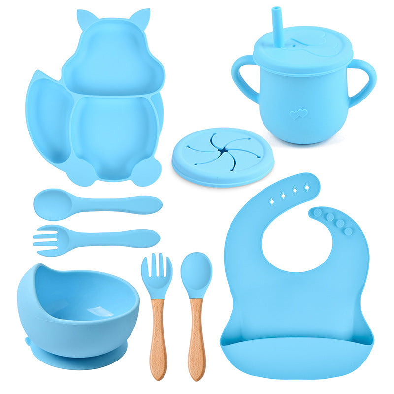 Silicone Squirrel Tableware Baby Silicone Food Supplement Set Baby Spork Integrated Silicone Plate Suit