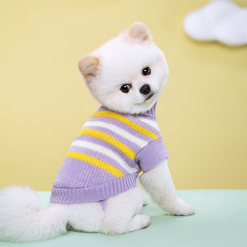 Warm Striped Floral Sweater Elastic Two-leg Lapel Dog Cat Knitted Wool Clothes