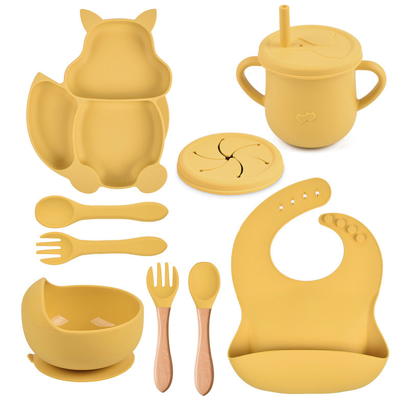 Silicone Squirrel Tableware Baby Silicone Food Supplement Set Baby Spork Integrated Silicone Plate Suit