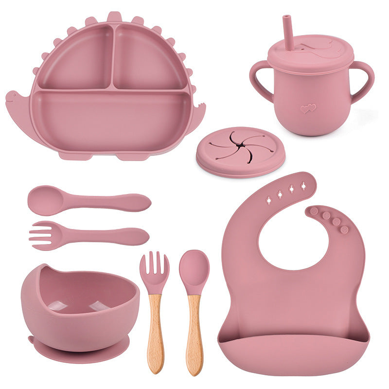 8-piece Children's Silicone Tableware Set Dinosaur Silicone Plate Bib Spoon Fork Cup Baby Silicone Plate