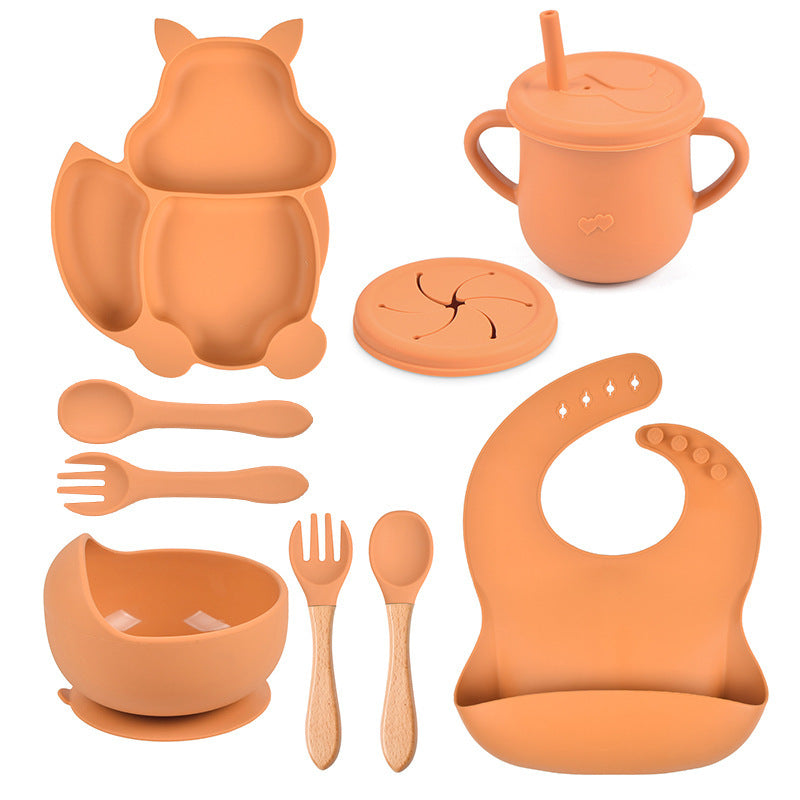 Silicone Squirrel Tableware Baby Silicone Food Supplement Set Baby Spork Integrated Silicone Plate Suit