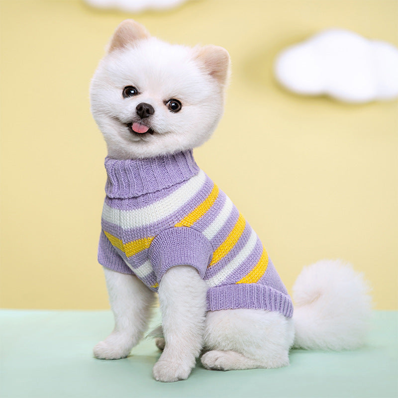 Warm Striped Floral Sweater Elastic Two-leg Lapel Dog Cat Knitted Wool Clothes