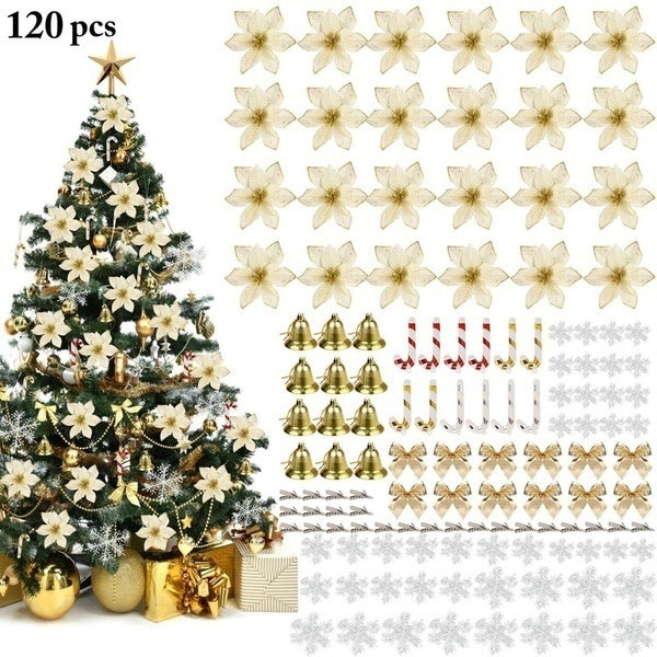 120 Pcs Christmas Flower Set Christmas Tree Decoration Pendant Plastic Flower Simulation