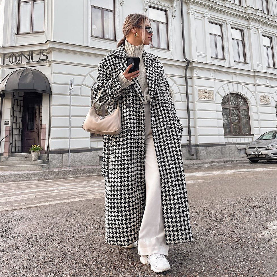 Houndstooth Long Trench Coat High-end And Fashionable Coat For Women