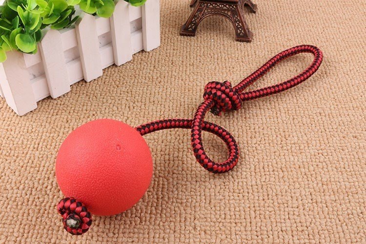 Bite resistant rubber ball with rope solid elastic