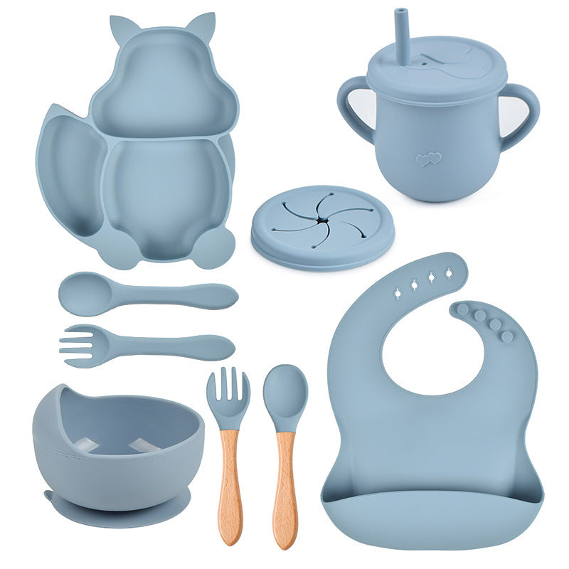 Silicone Squirrel Tableware Baby Silicone Food Supplement Set Baby Spork Integrated Silicone Plate Suit