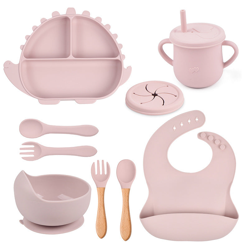 8-piece Children's Silicone Tableware Set Dinosaur Silicone Plate Bib Spoon Fork Cup Baby Silicone Plate