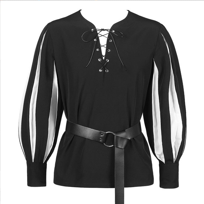 Retro Color Matching Lace Up Collar Shirt Clothing For Women