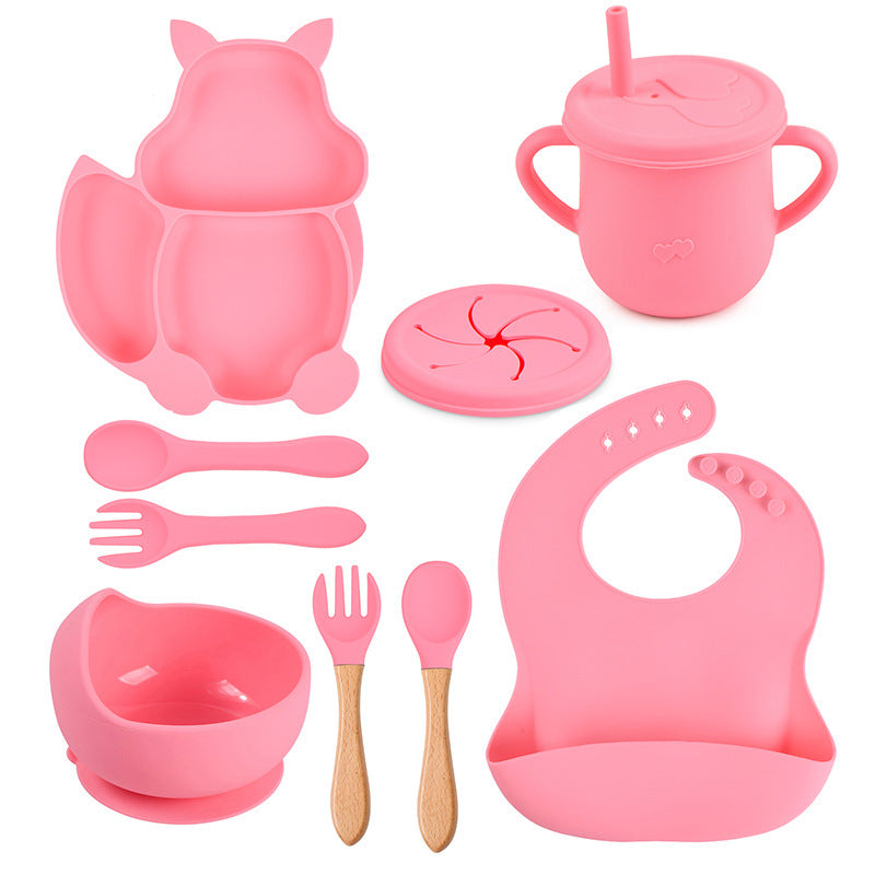 Silicone Squirrel Tableware Baby Silicone Food Supplement Set Baby Spork Integrated Silicone Plate Suit