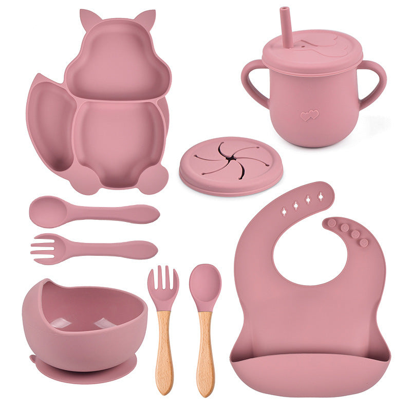 Silicone Squirrel Tableware Baby Silicone Food Supplement Set Baby Spork Integrated Silicone Plate Suit