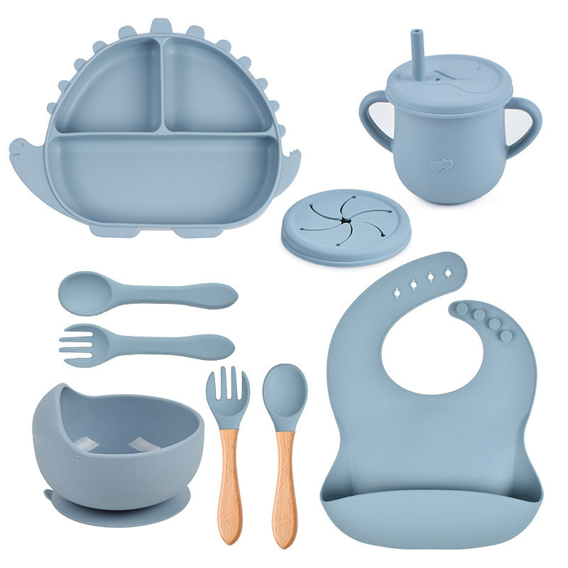 8-piece Children's Silicone Tableware Set Dinosaur Silicone Plate Bib Spoon Fork Cup Baby Silicone Plate