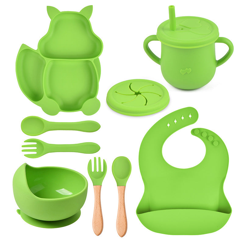 Silicone Squirrel Tableware Baby Silicone Food Supplement Set Baby Spork Integrated Silicone Plate Suit