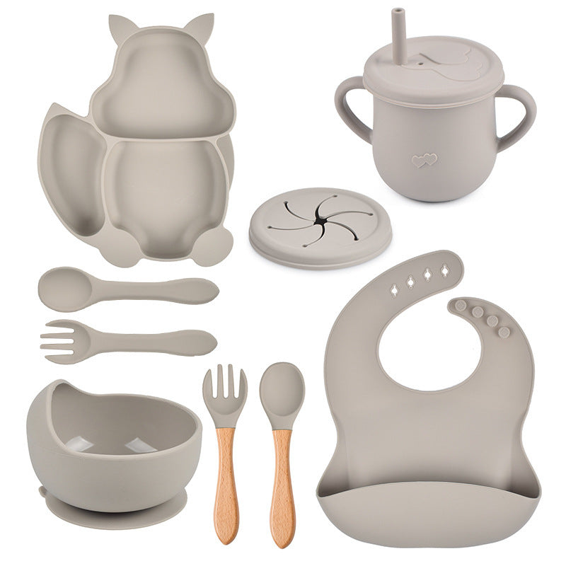 Silicone Squirrel Tableware Baby Silicone Food Supplement Set Baby Spork Integrated Silicone Plate Suit