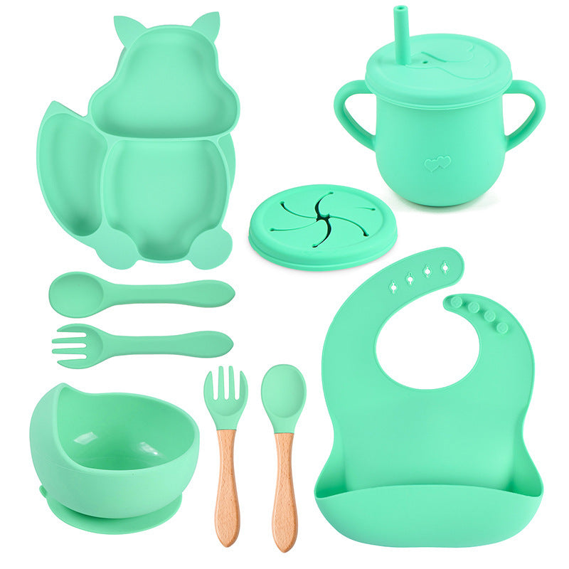 Silicone Squirrel Tableware Baby Silicone Food Supplement Set Baby Spork Integrated Silicone Plate Suit