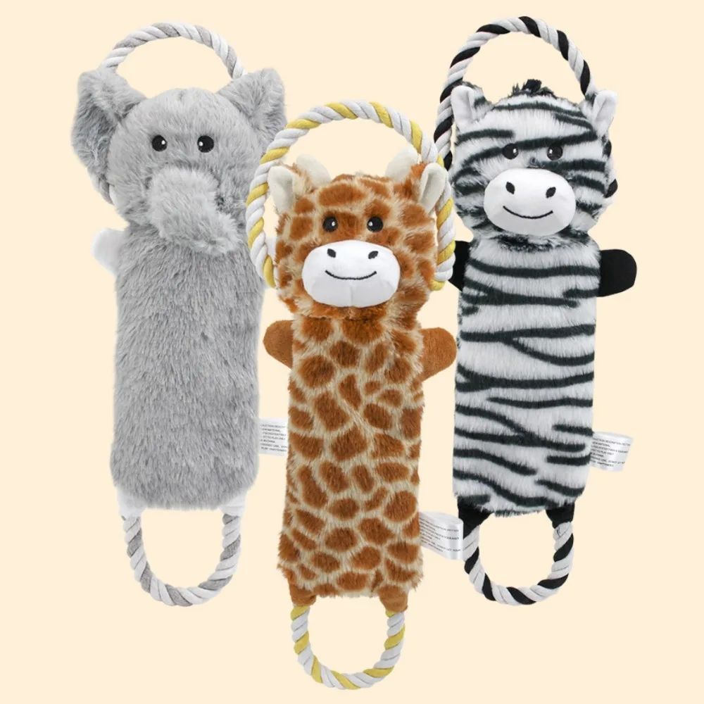 Funny Plush Dog Toys Stuffed Animal-Shaped Zebras Elephant Pet Chew Squeaky Toy Bite Resistant With Rope