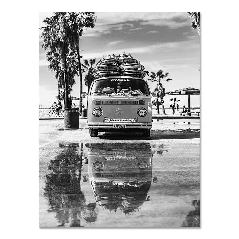 Nordic Modern Black And White Seaside Landscape Holiday Surfing Background Wall Poster Frameless Painting