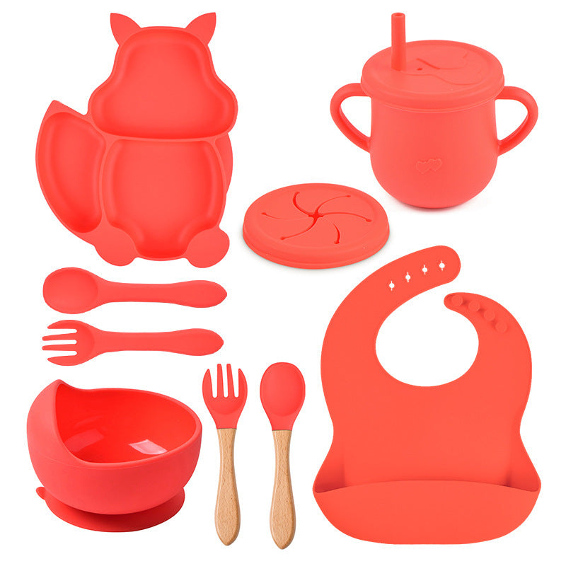 Silicone Squirrel Tableware Baby Silicone Food Supplement Set Baby Spork Integrated Silicone Plate Suit