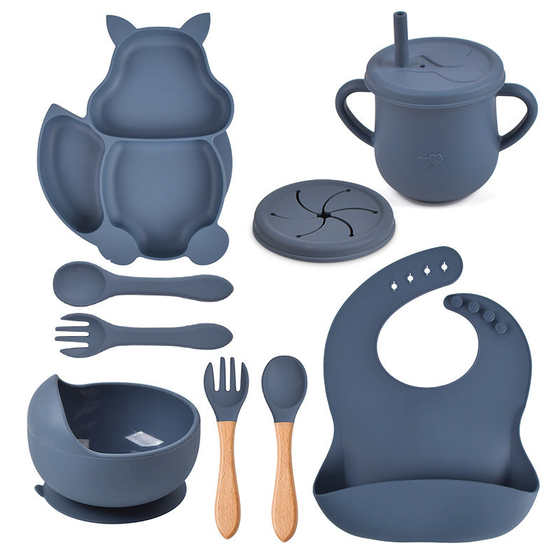 Silicone Squirrel Tableware Baby Silicone Food Supplement Set Baby Spork Integrated Silicone Plate Suit