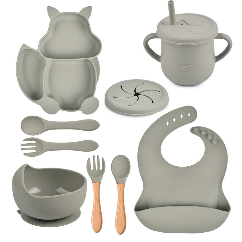 Silicone Squirrel Tableware Baby Silicone Food Supplement Set Baby Spork Integrated Silicone Plate Suit