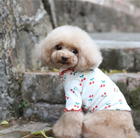 Cotton Cherry Print Wavy Edge Lapel Top Dog Clothes