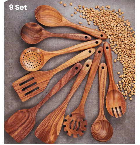 Thailand Teak Natural Wood Tableware Spoon Ladle Turner Long Rice Colander Soup Skimmer Cooking Spoons Scoop Kitchen Tool Set