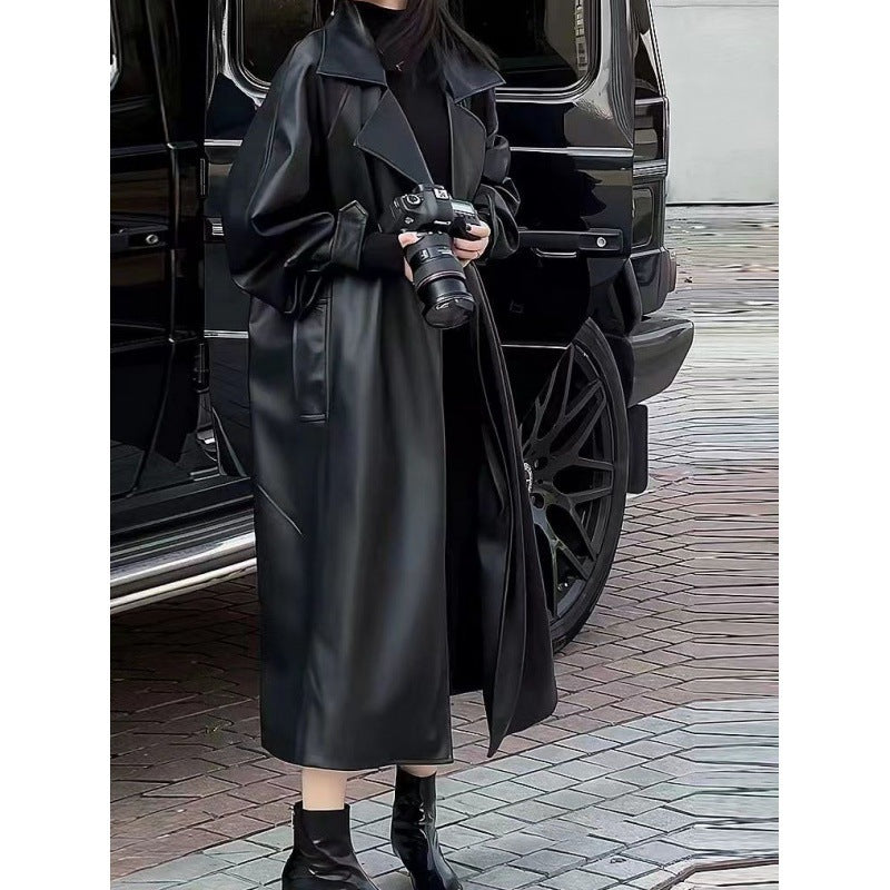 Women's Fashionable Temperament Long Knee Length PU Leather Coat