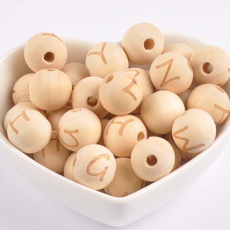 26 English Letters Lotus Log Beads 14mm Small Hole Wood Beads Single Side