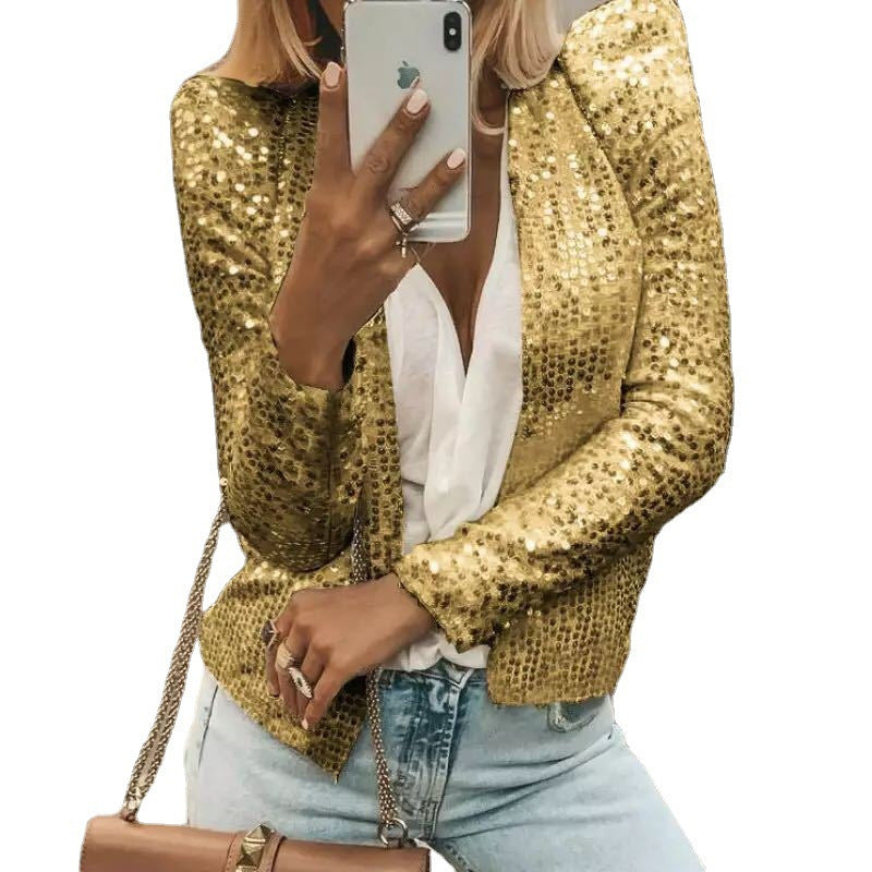 Fashion Colorblock Sequins Short Casual Jacket