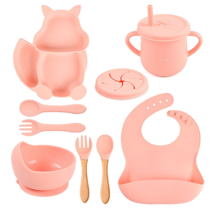 Silicone Squirrel Tableware Baby Silicone Food Supplement Set Baby Spork Integrated Silicone Plate Suit