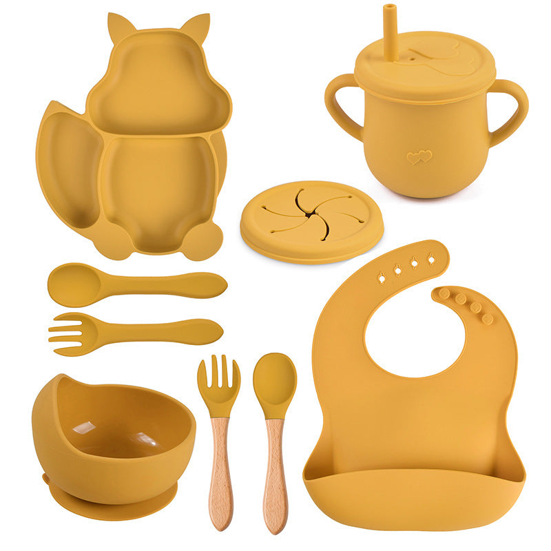 Silicone Squirrel Tableware Baby Silicone Food Supplement Set Baby Spork Integrated Silicone Plate Suit