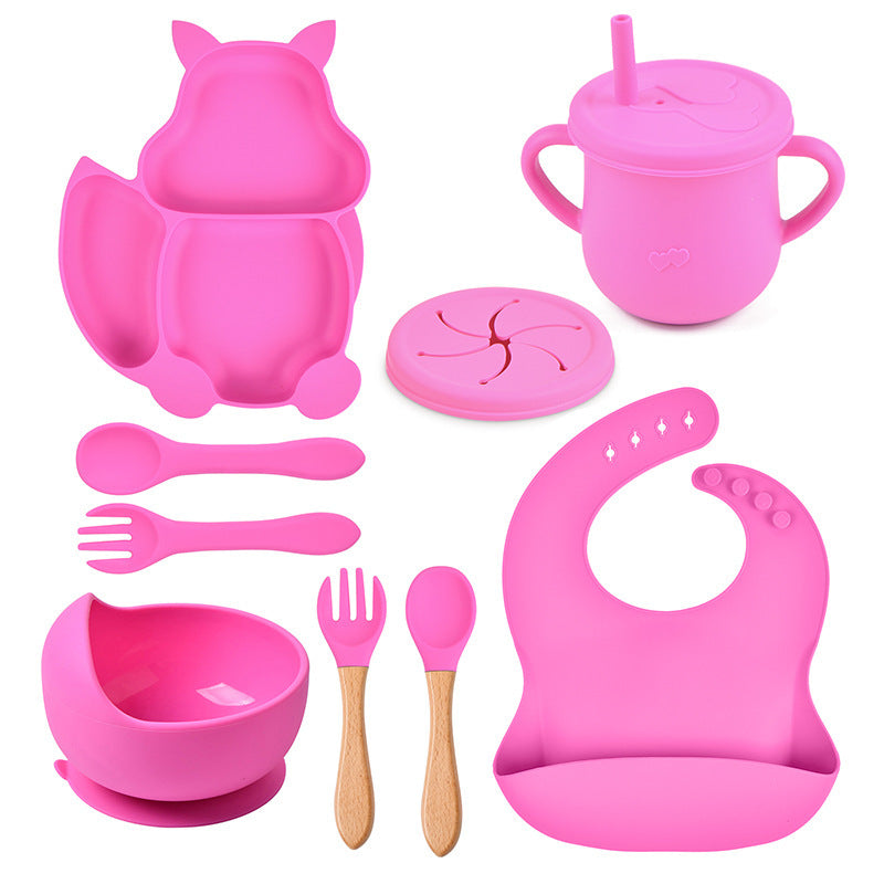 Silicone Squirrel Tableware Baby Silicone Food Supplement Set Baby Spork Integrated Silicone Plate Suit