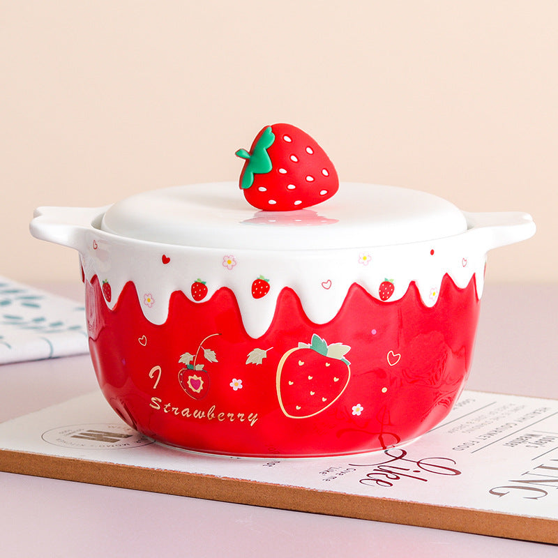 Cute Girlie Noodle With Lid Ceramic Soup Bowl