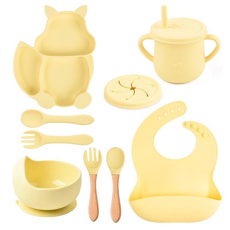 Silicone Squirrel Tableware Baby Silicone Food Supplement Set Baby Spork Integrated Silicone Plate Suit