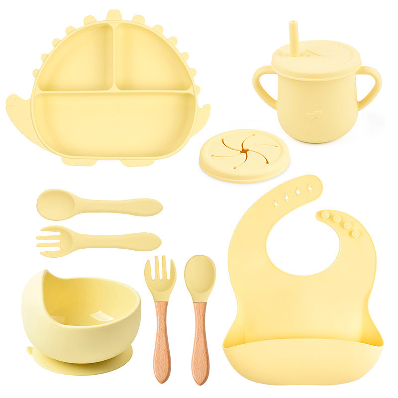 8-piece Children's Silicone Tableware Set Dinosaur Silicone Plate Bib Spoon Fork Cup Baby Silicone Plate