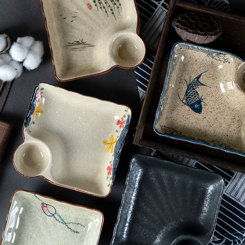 Japanese Ceramic Dumpling With Grid Sushi Plate